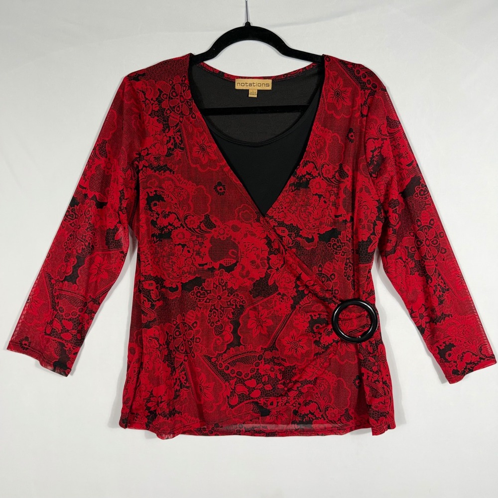 Vtg‎ 90s Y2K Floral Mesh Overlay Wrap O-Ring Blouse Top L Red Black Babydoll EUC